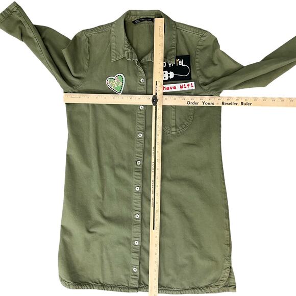 Zara Olive Green Patches Denim Button Down 3/4 Sleeve Shirt Dress sz S Trafaluc - Picture 4 of 13